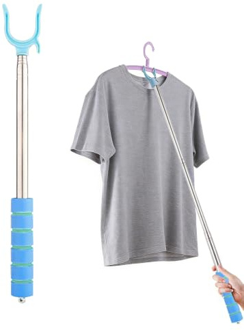 Ailelan Teleskopstange mit Haken, 31-101cm Teleskopstange ausziehbar, Blau | Teleskop-Kleiderstab Kleiderstange Ausziehbar, U-Form Stange, Bügelgreifer Haken Aufhängestab, für Kleiderschrank Garderobe