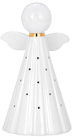 Deko Engel Figur 20 cm aus Keramik in Weiß mit integrierter Beleuchtung - dekorativer Weihnachtsengel für Winterdekoration, Tischdekoration, Fensterbank, Sideboard und Festliche Wohnräume