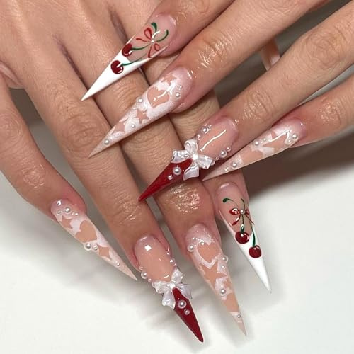 Ceboic 24Pcs Long Stiletto False Nails, Pink White French Tip Press on Nails, Cherry Acrylic Fake Nail with Bow Pearls Design, 3D Handmade Ballerina Full Cover Stick on Nails for Women Girls Manicure