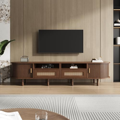 TV-Schrank Rattan Fernsehtisch TV-Board, TV-Ständer 170 cm oval mit Schiebetür und 2 Rattan Schubladen, Lowboard Nussbaum Optik für 70 Zoll Fernseher, kompakte Wohnzimmer Kommode mit 8 Beinen