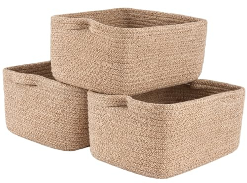 SUNNYNEST Storage Basket 3 Packs Small Woven Rope Baskets 25x22x13.5cm Woven Organizers for Books, Toys, or Decorative Organizer Cube Decorative Box (Brown M)