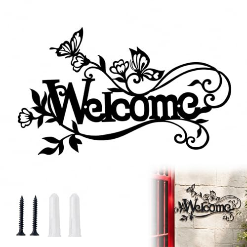 Decoracion Pared Metal, WelcomeDecoración Pared 30 * 17 cm, Adornos Pared para Puertas, Jardines, Interiores, Exteriores, Bodas y Fiestas, Negro, 1 Unidad