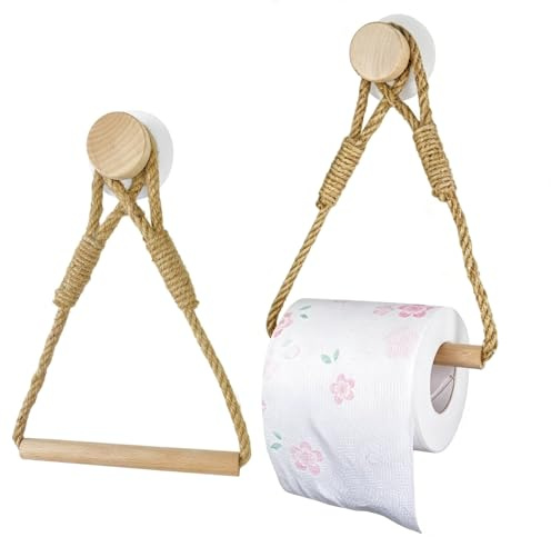 2-Piece Jute Rope Toilet Roll Holder Set | Wall mounted bathroom accessory for dispensing standard rolls; complements rustic and coastal home decor.