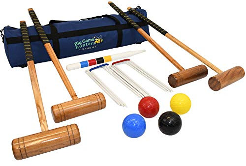 Big Game Hunters Croquet Set - Full Size 4 Player Set of Croquet Mallets with Hardwood Mallets, Winning Post, Thick Steel Hoops & 12 Ounce Balls and Storage Bag