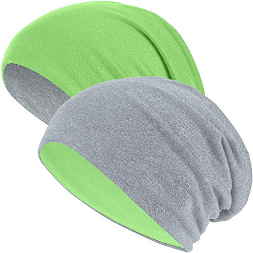 Hatstar®2in1 Reversible Unisex Beanie | Damen und Herren Mütze | Übergangsmütze für Frühling und Sommer | SoftTouch Poly - Baumwolle | leicht & weich (2 in 1 hellgrau/neon grün)