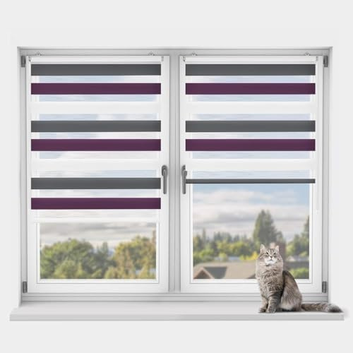 OUBO Doppelrollo Klemmfix ohne Bohren 60 x 150 cm (B x H) Weiß-Anthrazit-Aubergine Fenster Duo Rollo - lichtdurchlässig und verdunkelnd Wandmontage Deckenmotage Sichtschutz Rollo mit Klemmträgern