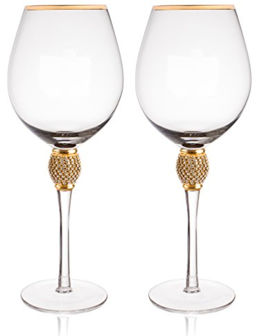 Trinkware Gold Rimmed Wine Glasses Set of 2 - Rhinestone Champagne Flutes DIAMOND Studded - Long Stem, 16oz, 10-inches Tall - Elegant Glassware And Stemware