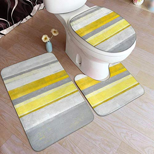 RedBeans Non Slip Bath Mat 3 Piece Flannel Bathroom Rug Set,Lemon Grey and Yellow Abstract Art Soft Pedestal Anti Slip Shower Mat And Toilet Cover Rug Set