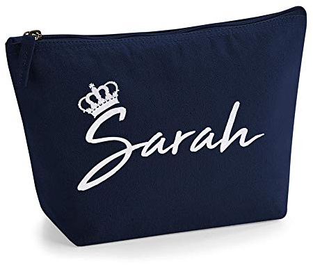 Personalisiert Name Initialen & Königin Krone Kosmetiktasche Damen Schminktasche für Handtasche Makeup Tasche mit Texturdruck - Holo Weißer Glitzer - M - Marine Blau