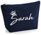 Personalisiert Name Initialen & Königin Krone Kosmetiktasche Damen Schminktasche für Handtasche Makeup Tasche - Glitter oder Flocke Material Druck - Holo Weißer Glitzer - M - Marine Blau