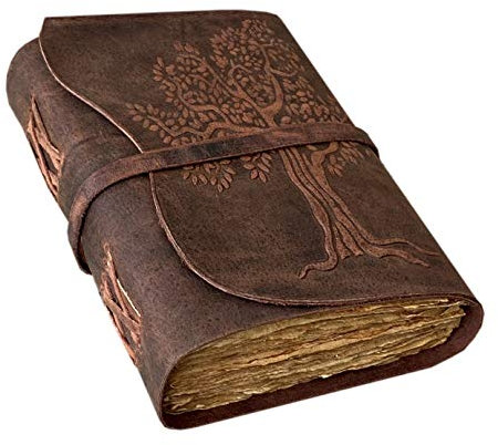 Handgefertigtes Leder-Tagebuch mit Lederbindung, für Sie und Ihn, Skizzenbuch, gebunden, antiker Lebensbaum, Vintage, altes Papier, Büttenrand, 200 Seiten, Tagebuch, handgefertigt, 17.8x12.7 cm