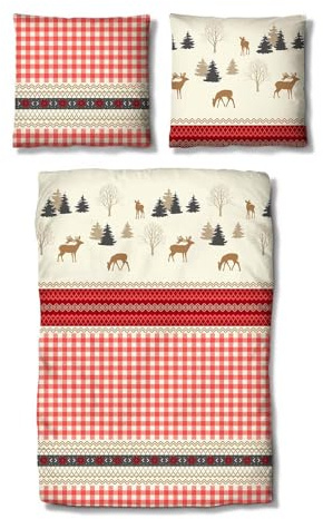 Traumschlaf Feinflanell Bettwäsche Hirsch Landhaus – Kuschelige Winterbettwäsche aus 100% Baumwolle – Weiche Bettgarnitur im Landhausstil mit Hirschmotiv & Karodesign – 140x200 cm + 70x90 cm
