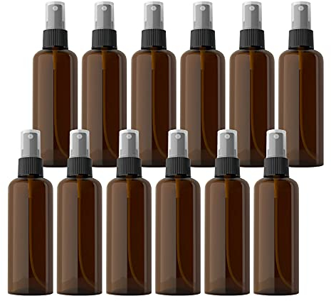 TIANZD 12 Pieces Empty 100 ml Brown PET Plastic Fine Mist Pump Spray Bottles with Black Top Portable Sprayer for Perfume Water Cosmetic Travel Containers Refillable, 2x Funnel
