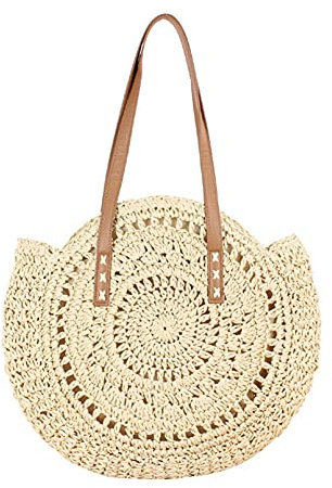 Pyude Frauen runde Strohtasche Rattan gewebte Umhängetasche Wicker einfache tragbare Strandtasche runde gewebte Tasche Sommer Strandtaschen