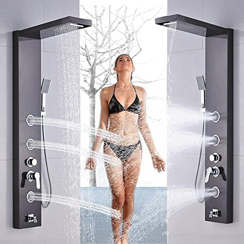 Nian Duschpaneel schwarz Wasserfall Turm Massagesystem Wandmischer Wasserhahn Duschsäule