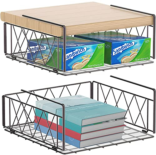 Under Shelf Storage Basket, Hanging Cabinet Storage Basket Organizer, Metal Wire Basket Shelves for Kitchen, Office, Pantry, Bathroom (Bronze, 2pcs) (Bronze)