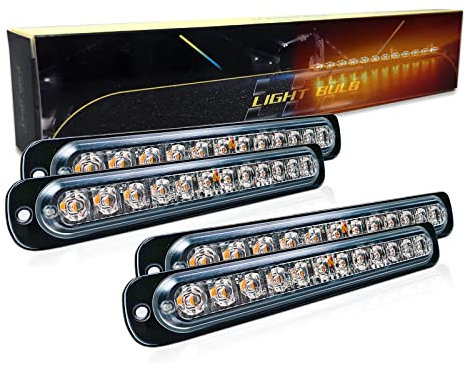 SKYWORLD Luci stroboscopiche a LED, 4pz Ultra sottile Ambra 12 LED 12V 24V Lampeggiante Luci stroboscopiche di emergenza Strobo Barra Luminosa per Moto Auto Camion Truck Trailer