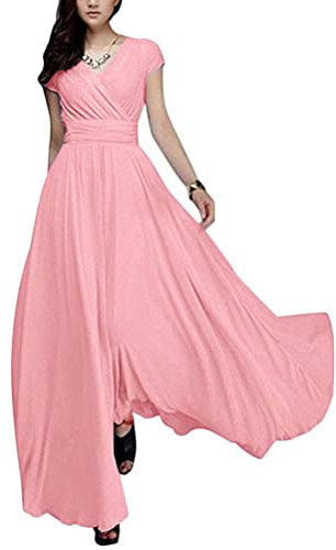 ORANDESIGNE Vestiti della Sera Lungo da Donna Abito Cerimonia in Chiffon Scollo a V Abito da Cocktail Party a Maniche Corte A Rosa L