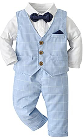 Volunboy Baby Anzug Jungen Anzugweste Hemd mit Fliege für Festlich Hochzeit Bekleidung Set 4tlg（3-4 Jahre，Blau-Plaid，Größe 110）