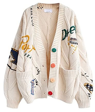 Women’s Cable Knit Cardigan, Long Sleeves, Open Front, V Neck, Button Placket, Embroidery, Wool Blend Pullover, Jacket, Outdoor Clothing, beige, XXL