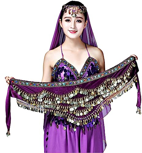 Damen Bauchtanz Gürtel,Bauchtanz Hüfttuch,Chiffon Bauchtanz Schal Wickeln Gürtelflügelrock,Bauchtanz Münztuch,Bauchtanz Münzgürtel,für Bauchtanz,Lateinamerikanische Tänze,Schwarz(Dunkelviolett)