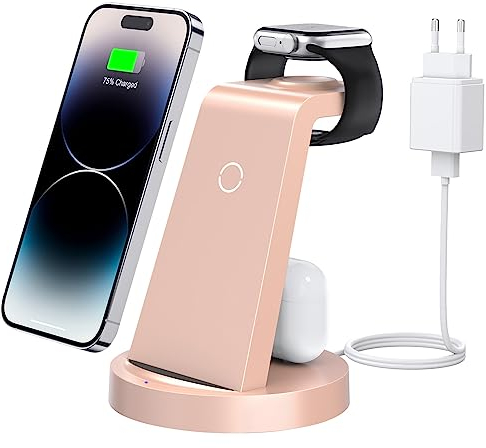 Ladestation Für Apple Watch und iPhone: 3 in 1 Schnelle Kabelloses Ladegerät Kompatibel mit iPhone 16 15 14 13 12 11 X Pro Max & iWatch & Air Pods(Rose Gold)