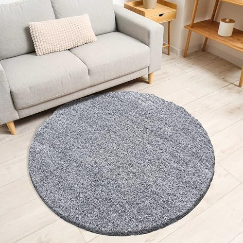 Miovani Hochflor Teppich Rund 80 cm Hellgrau - Besonders weicher Shaggy Teppich in vielen Farben & Größen für Dein gemütliches Zuhause - Teppich Wohnzimmer & Schlafzimmer