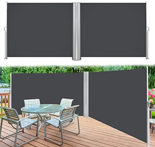 Vigevee Doppel Seitenmarkise, 160x600cm Ausziehbar Sichtschutz Blickdicht Sonnenschutz, Windschutz, UV-beständig Seitenwandmarkise Markise Seitenrollo für Garten, Terrasse, Grau