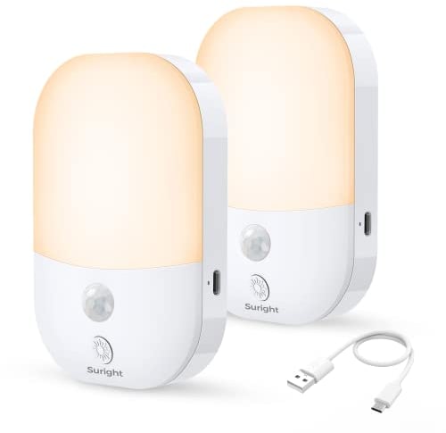 Suright Veilleuse Type-C Rechargeable, 2 Pack Veilleuse avec Détecteur de Mouvement et 5 Niveaux Luminosités 3 Modes(AUTO/OFF/ON), Veilleuse Enfant pour Chambre, Escalier, Couloir, 2800K Blanc Chaud