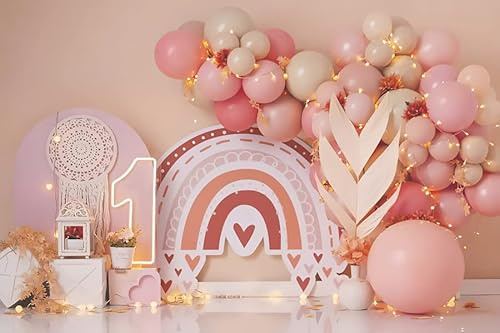 Renaiss 2.5x1.8m Mädchen 1. Geburtstag Fotografie Kulisse Bohemian Pink Balloons Rainbow Cake Smash Hintergrund Kinder Party Dessert Tisch Banner Vinyl Fotostudio Requisiten