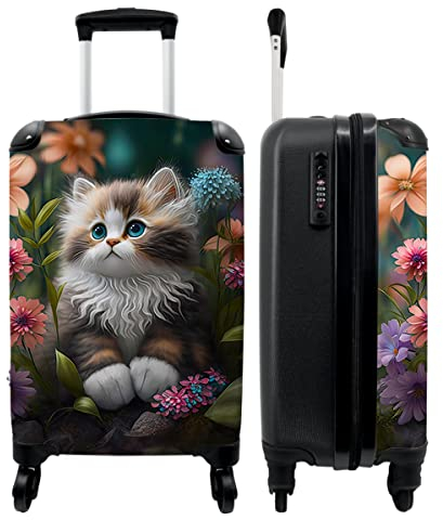 NoBoringSuitcases.com® Koffer Handgepäck Trolley Rollkoffer Kleine Reisekoffer - Kätzchen - Illustration - Blumen - Natur - Katze - Cabin Size < 55x40x23 cm & 55x40x20 cm - Fotokoffer
