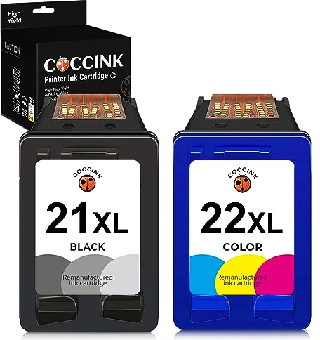 COCCINK 21XL 22XL Cartucho de Tinta Remanufacturado para HP 21 XL 22 XL Deskjet F380 F370 3930 D2360 D2460 F2180 F2224 F2280 F4180 PSC 1401 1406 1410 OfficeJet 4315 5610 Fax 1250 3180 Negro y Color