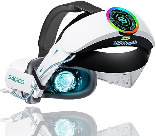 Saqico Kopfband mit 10.000 mAh Akku für Oculus Quest 2, cooles RGB, leichtes schnelles Aufladen, verstellbarer Akku für Meta Elite Gurt-Ersatz, verlängert 8 Stunden Spielzeit, verbesserter Komfort,