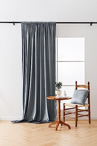 FEBE Verdunklungsvorhang Blickdicht Denim Grau Samt Velvet Vorhänge Gardinen mit Kräuselband Schlafzimmer Wohnzimmer 140x250 cm