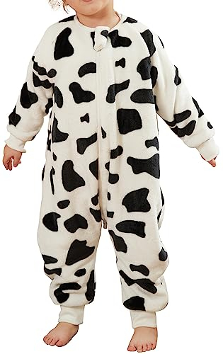 FEOYA Pyjama Junge Mädchen mit Ärmeln Baby Schlafsack Flanell Kinder Schlafsack Winter Herbst Cartoon Kostüm Tier Schlafanzug Set Neugeborenes Schwarz Weiß 1-2 Jahre