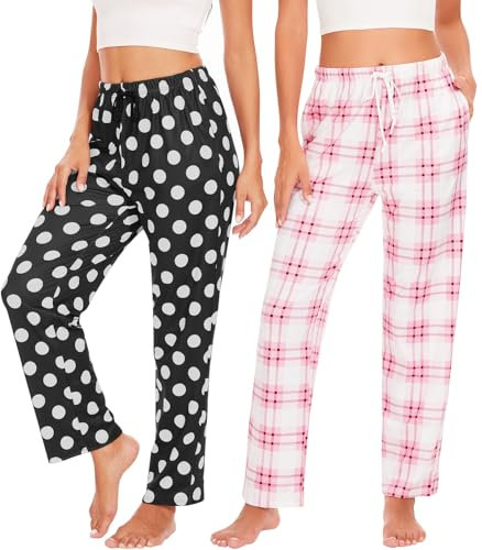 vislivin Lounge Schlafanzughose Damen Lang Karierte Pyjamahose Weich Freizeithose Yogahose mit Taschen und Kordelzug Rosa Streifen/Dots S