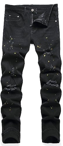 OIIIO Men's Patch Ripped Stretch Regular Fit Jean, 6641 Black, 38