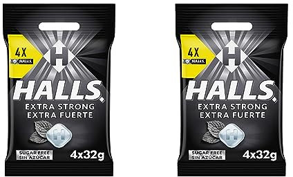 Halls Extra Fuerte Caramelos Duros Sabor Eucalipto sin Azúcar, 4 x 32g (Paquete de 2)