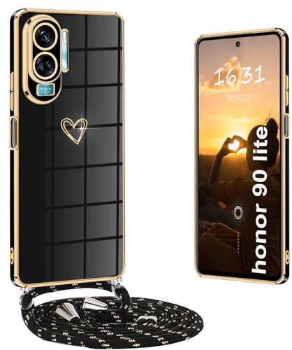 Yutwo Coque pour Honor 90 Lite avec Cordon, Coque Silicone TPU avec Motif Cœur d'amour, Étui Antichoc avec Bandoulière Réglable, Noir