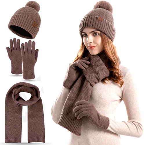 FUBABCO Wintermütze Schal Handschuhe Set Damen, Winter Warm Beanie Mütze Touchscreen Handschuhe und Lang Schal Set mit Fleecefutter Thermo Strickmütze Winterschal Winterhandschuhe (Khaki)