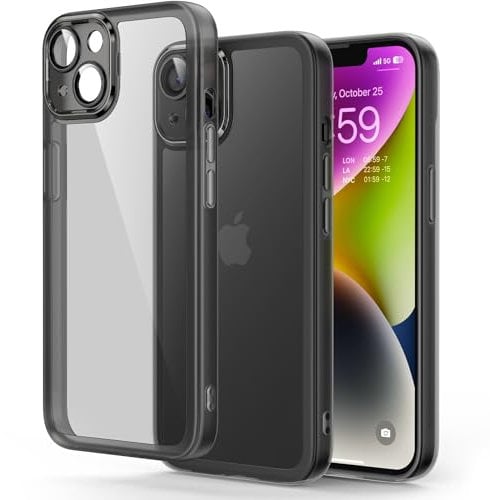 Honeyview Colored Clear Case for iPhone 14 with Matte Border, Built-in Camera Lens Protector, Non-Yellowing, Shockproof, Armour Phone Cover for Apple iPhone 14 5G - Black