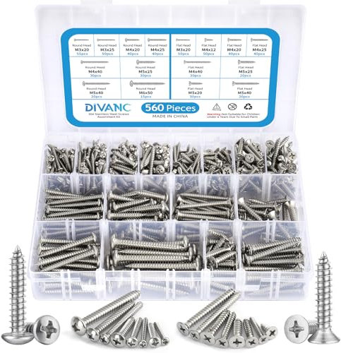 DIVANC 560Pcs 304 Stainless Steel Self Tapping Screws Assortment Set, M3/M4/M5/M6 Flat Head & Round Head Self Tapping Screws Assortment Set, Phillips Drive Wood Screw Assortment Kit