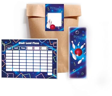 6 Stadt-Land-Fluss je 25 Blätter + 6 Lesezeichen + 6 Tüten + 6 Aufkleber Set Gastgeschenk Mitgebsel zum Kindergeburtstag Motto-Party Fest Feier Event Jungen Jungs Boys Schule Bowling Kegeln neon