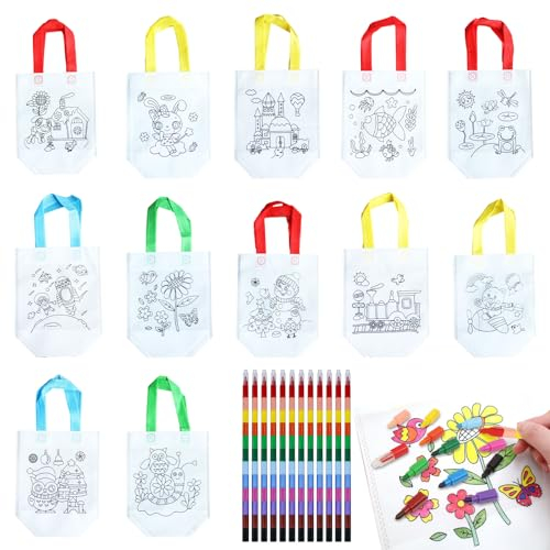 Lithyc 12 Stück Taschen zum Bemalen für Kinder und 12 Stück Stapelbare Stifte Kinder,Stoffbeutel zum Bemalen für Kind,Perfekt für Geburtstagsfeiern,Kommunionen,Schulen - und Feiern