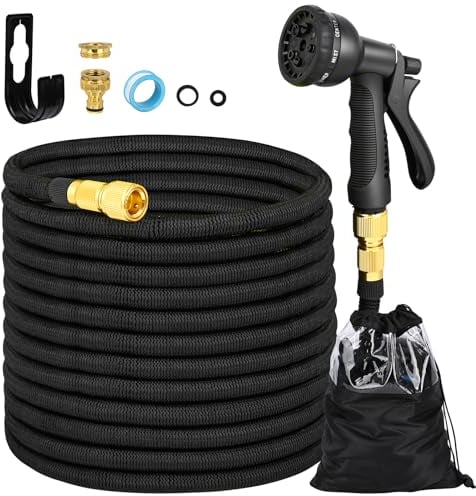 Tubo da Giardino Acqua Flessibile Estensibile 30m, 8 Funzioni di Spruzzo Tubo Acqua con Connettore in Ottone da 1/2 e 3/4, Adatto per Autolavaggio, Giardino, Prato, Bagni Animali (Nero)