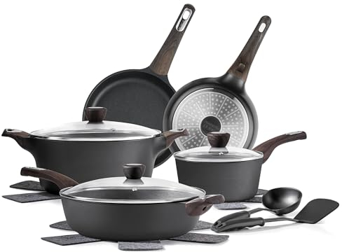 SENSARTE Pots and Pans Set Nonstick, 14 Pcs Induction Kitchen Cookware Sets, Non-Toxic Non Stick Cooking Set with Frying Pans Set & Saucepan, PFOA PFOS APEO Free, Black