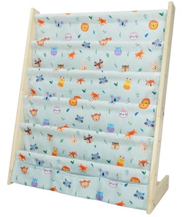 wooshwa Bibliothèque pour Enfants, Rangement sur 5 Niveaux, Etagere Livre et Meuble pour Chambre de Bebe, Etagère en Bois avec 3 Poches(Animaux Mignons)