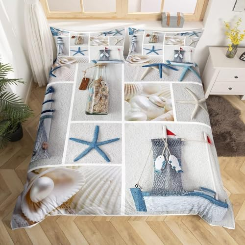 Tizhweqo Strand Bettwäsche 220x240 Seestern Bettwäsche Set Weiche Mikrofaser 3D Druck Hawaii Bettbezug Set mit Reißverschluss Bettbezüge und 2 Kissenbezug 80x80 cm D1955