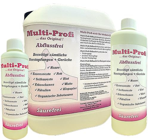 Multi-Profi Abflussfrei beseitigt schwerste Verstopfungen und üble Gerüche. Durch ausgesuchte Wirkstoffe verflüssigt der Reiniger alle organischen Rückstände und macht den Abfluss wieder frei. 0,5 L