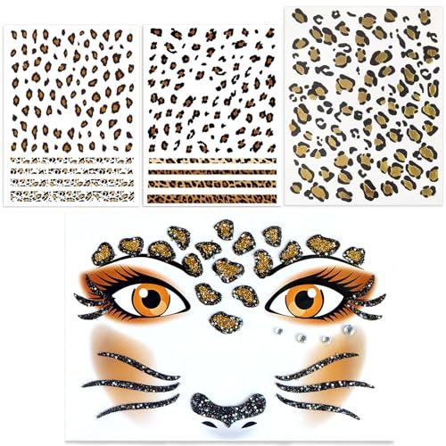 4 Pcs Tattoo Stickers, Leopard Print, Face Stickers,Leopard Print Foil Stamping Tattoo Stickers, Festival Party Stage Makeup Stickers, Leopard Print Nail Art Stickers for Party, Carnival and Halloween